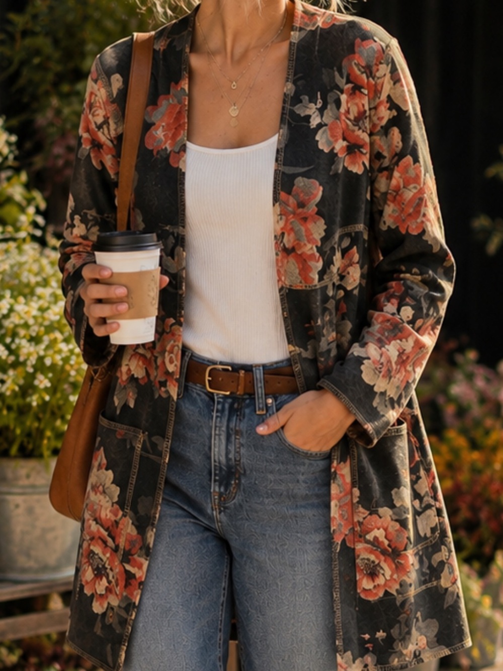 Anthropologie Solitaire Floral Long Faux Suede Jacket Duster Cardigan -MED- NWT